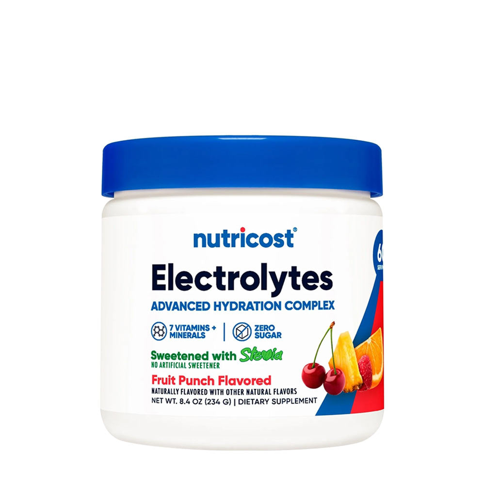 Nutricost Electrolytes Complex jar for hydration, featuring fruit punch flavor and essential vitamins, minerals, and zero sugar.