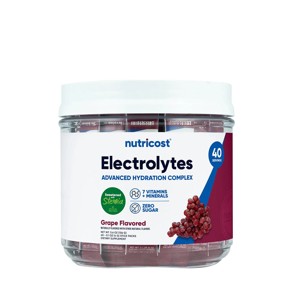 Nutricost Electrolytes hydration stick packs, grape flavored, with 7 vitamins, minerals, and zero sugar.