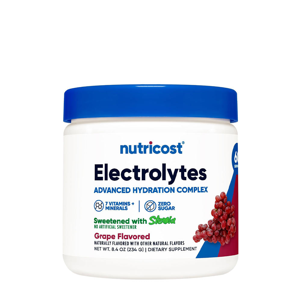 Nutricost Electrolytes Complex, grape-flavored hydration formula with 7 vitamins and minerals for optimal hydration.