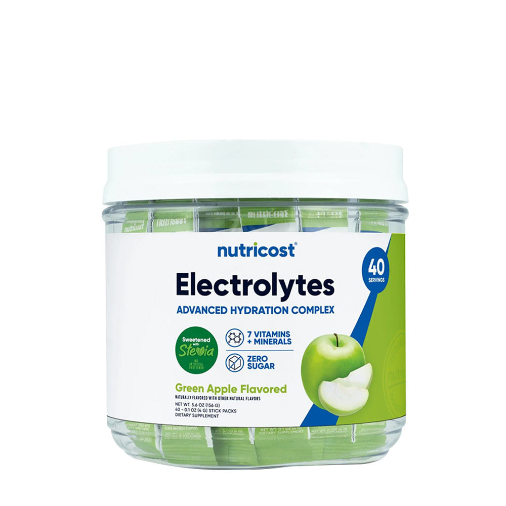 Nutricost Electrolytes Advanced Hydration Complex, Green Apple Flavor, 40 servings, zero sugar, sweetened with Stevia.