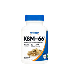 Nutricost KSM-66 Ashwagandha Root Extract supplement bottle with 60 capsules for stress relief and energy support.