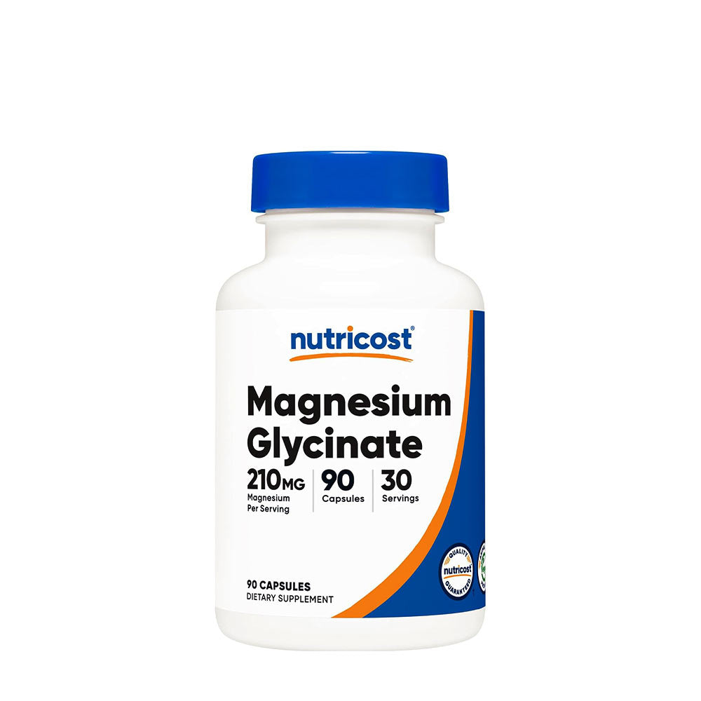 Nutricost Magnesium Glycinate 210 mg dietary supplement bottle containing 90 capsules for optimal magnesium support.