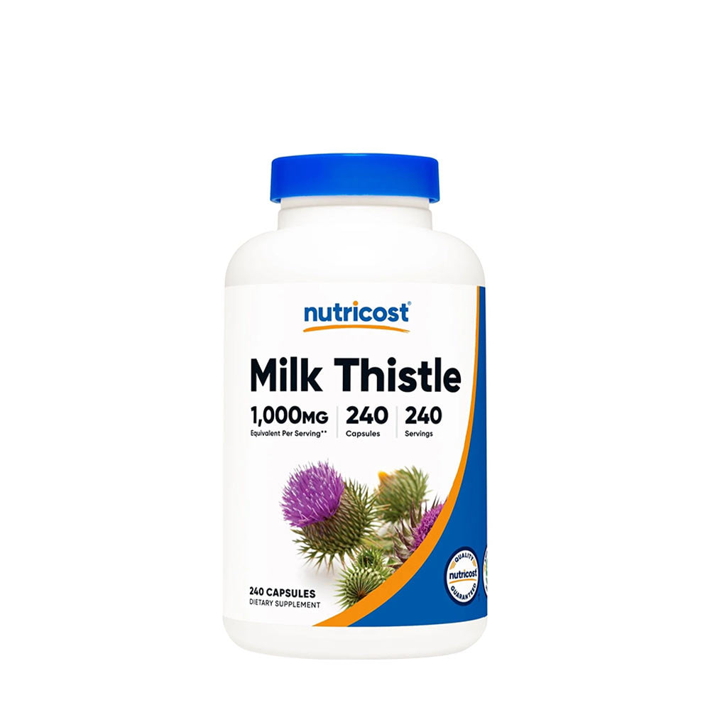 Nutricost Milk Thistle 1000 mg supplement bottle, 240 vegetarian capsules for liver health support.