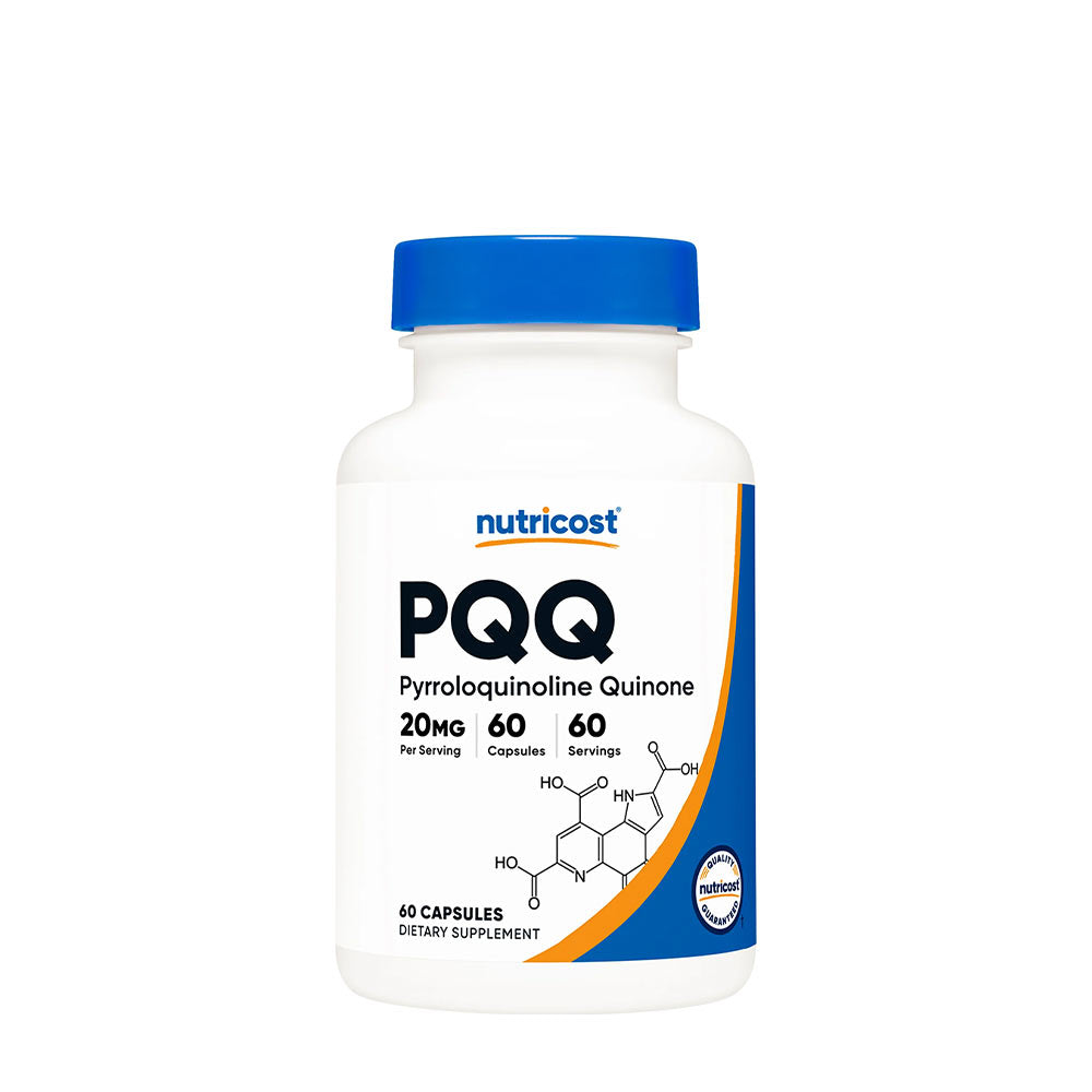 Nutricost PQQ dietary supplement bottle with 20 mg Pyrroloquinoline Quinone, 60 vegetarian capsules.