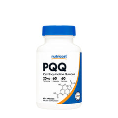 Nutricost PQQ dietary supplement bottle with 20 mg Pyrroloquinoline Quinone, 60 vegetarian capsules.