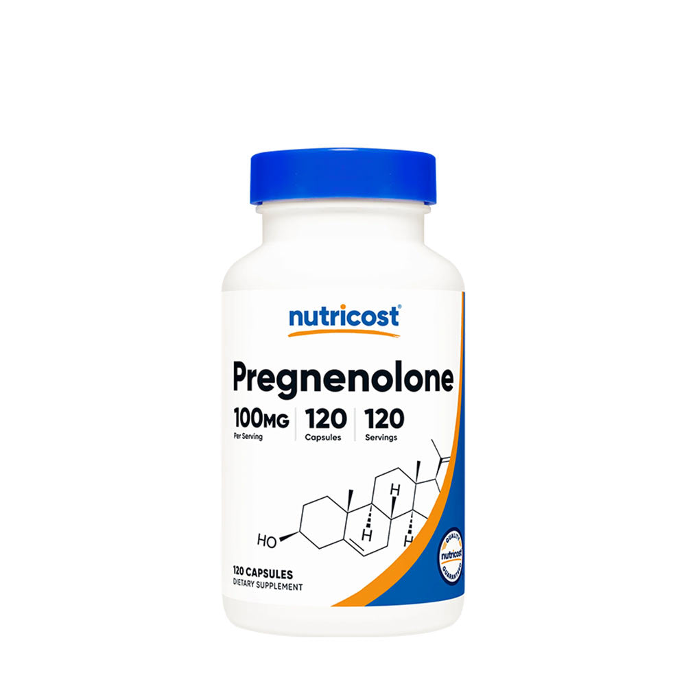 Nutricost Pregnenolone 100 mg dietary supplement bottle with 120 capsules for hormonal balance and cognitive support.