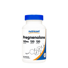 Nutricost Pregnenolone 100 mg dietary supplement bottle with 120 capsules for hormonal balance and cognitive support.