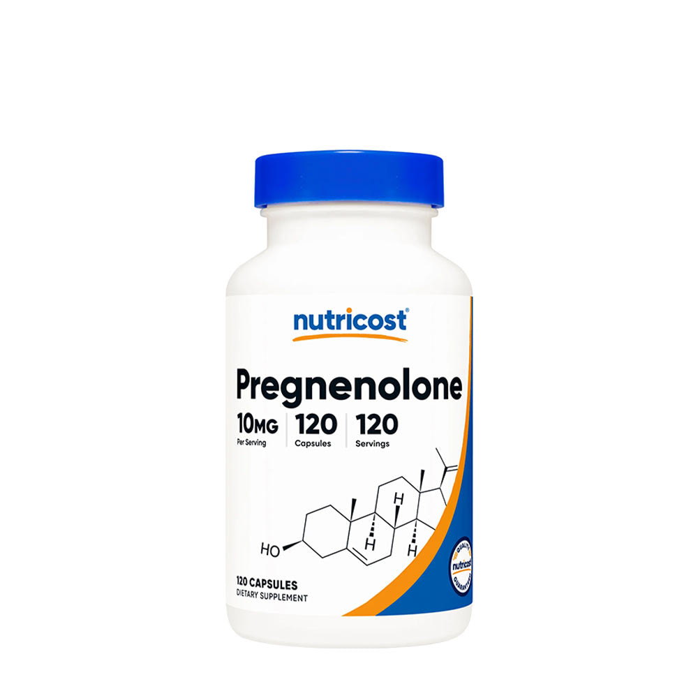 Nutricost Pregnenolone 10 mg dietary supplement bottle with 120 capsules for hormonal balance and cognitive support.