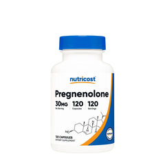 Nutricost Pregnenolone 30 mg supplement bottle, 120 capsules, supports hormone balance and cognitive function.