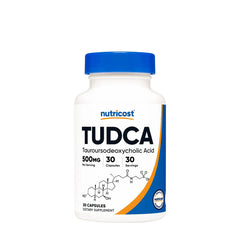 Nutricost Tudca 500 mg supplement bottle, 30 capsules for liver health and detoxification.