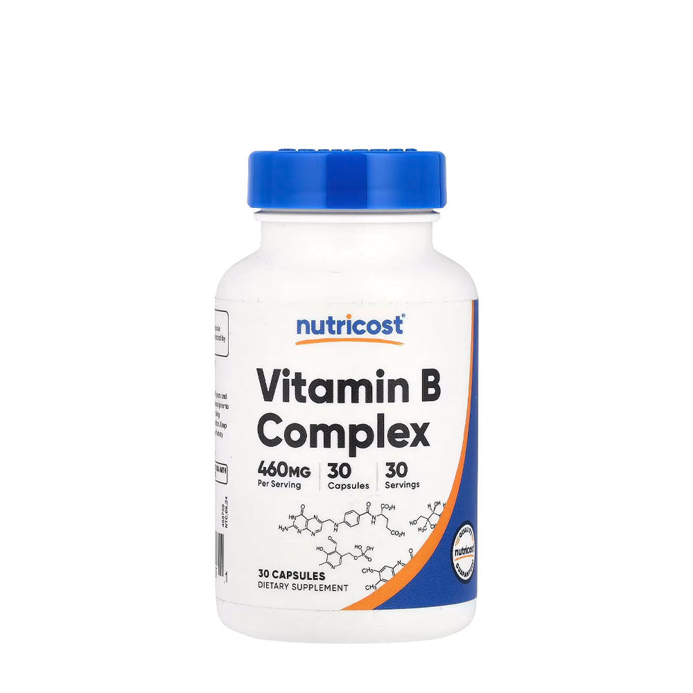 Nutricost Vitamin B Complex bottle, 30 vegetarian capsules for energy and immune support.