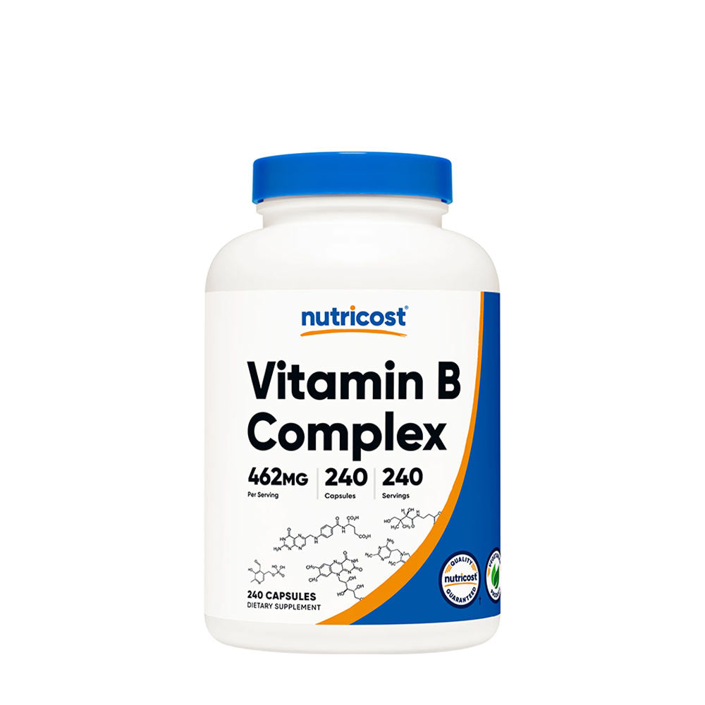 Nutricost Vitamin B Complex bottle containing 240 vegetarian capsules for energy production and immune support.