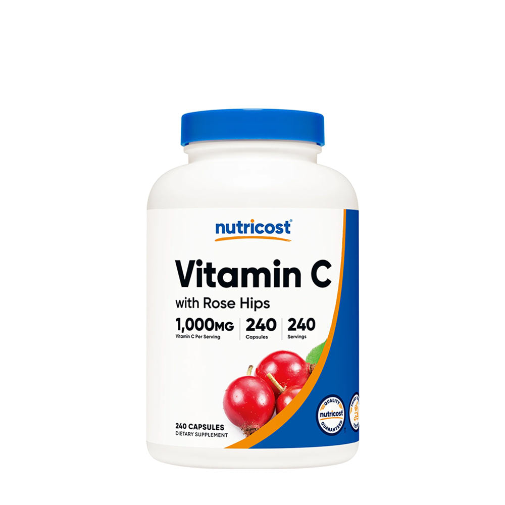Nutricost Vitamin C with Rose Hips capsules, 1000mg, 240 count for immune support and skin health.