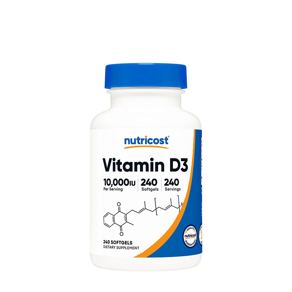Nutricost Vitamin D3 10,000 IU supplement bottle with 240 softgels for strong bones and immune support.