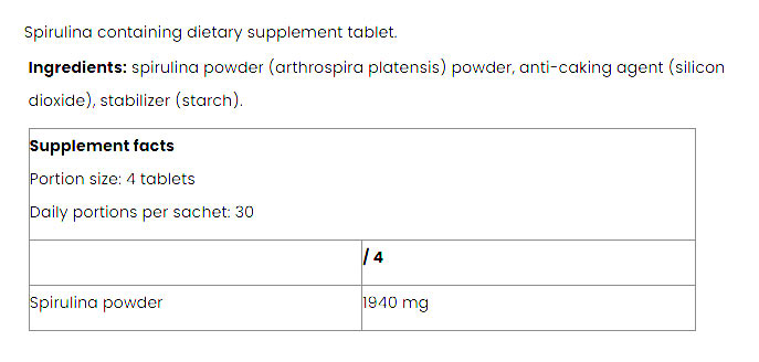 Nutriversum Spirulina baksida näringsfakta