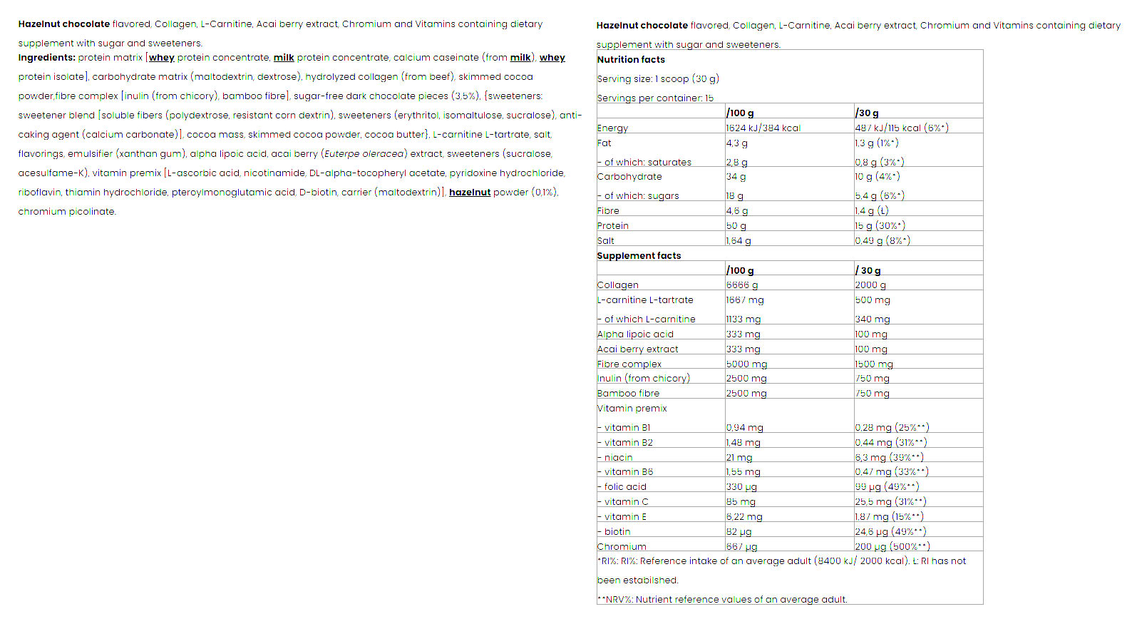 Nutriversum Shake Protein baksida näringsinformation