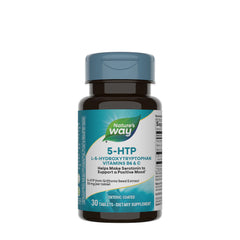 Nature's Way 5-HTP supplement bottle for mood enhancement and appetite control, containing vitamins B6 & C.