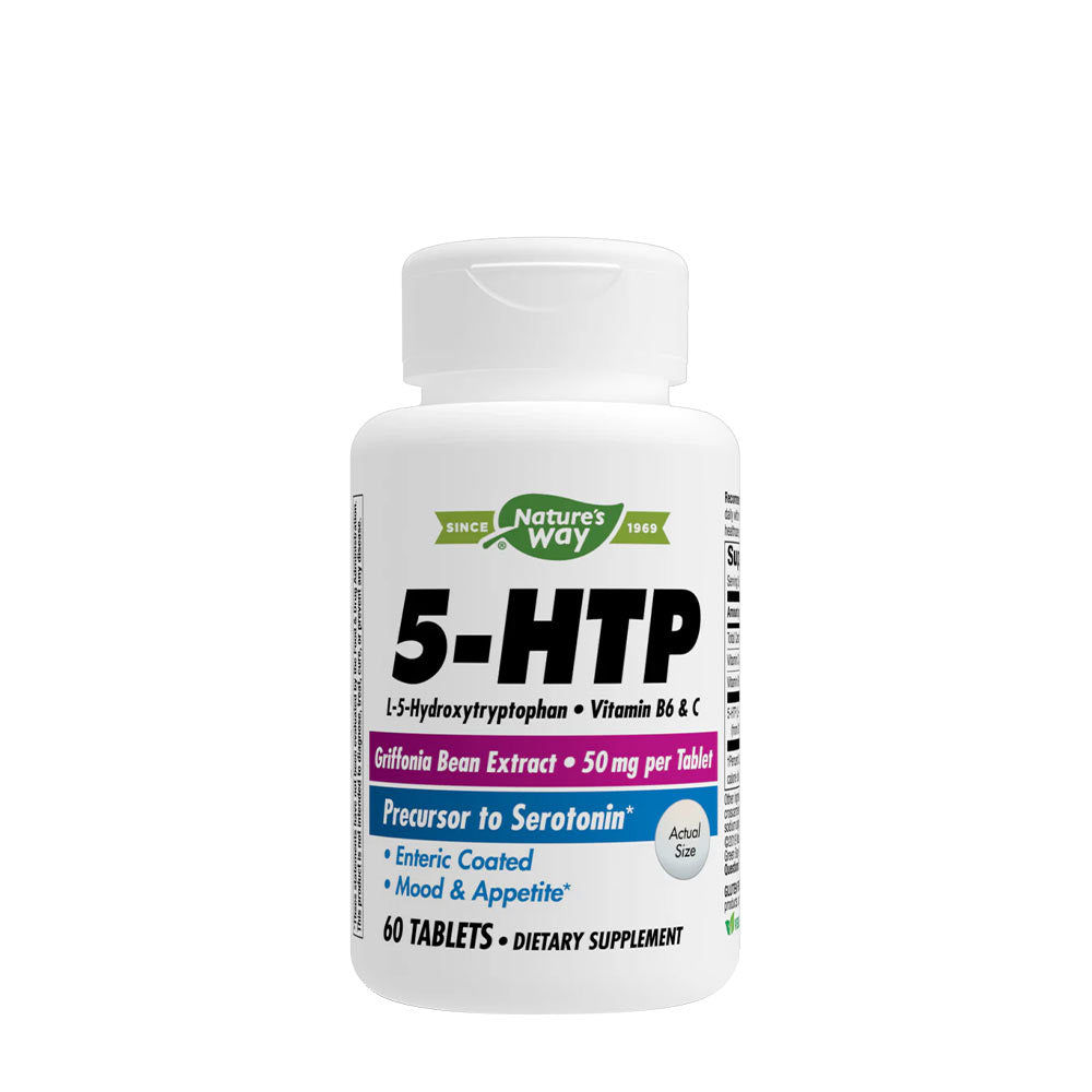 Nature's Way 5-HTP dietary supplement bottle, 60 tablets, supports mood and appetite regulation.