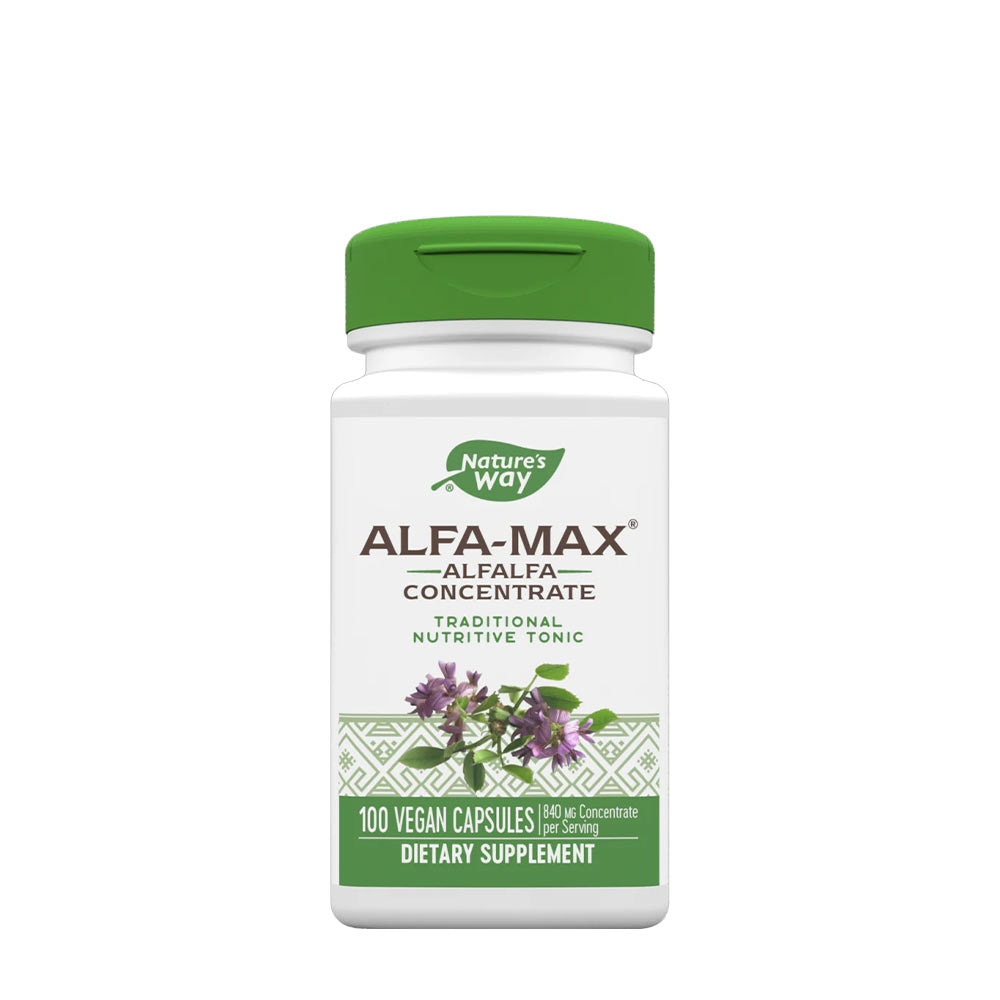 Nature's Way Alfa-Max alfalfa concentrate dietary supplement in a bottle with 100 vegan capsules.