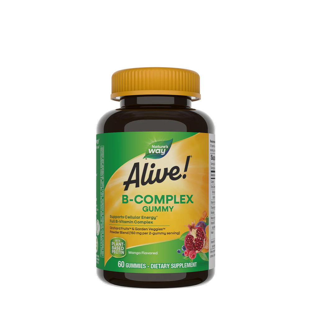 Nature's Way Alive! B-Complex Gummies bottle, 60 mango-flavored dietary supplements for daily metabolism support.