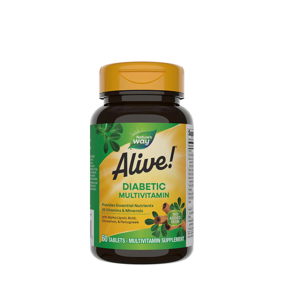 Nature's Way Alive! Diabetic Multivitamin bottle with 60 tablets, supporting health for individuals with diabetes.