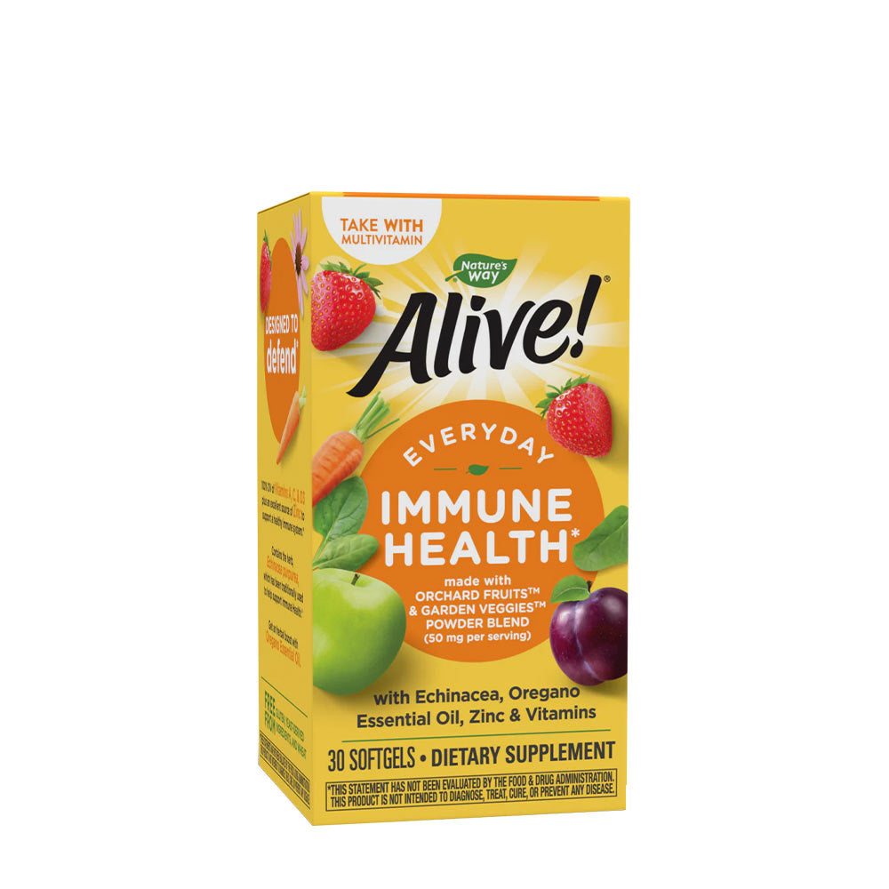 Nature's Way Alive! Everyday Immune Health supplement box featuring echinacea, zinc, and vitamins for immune support.
