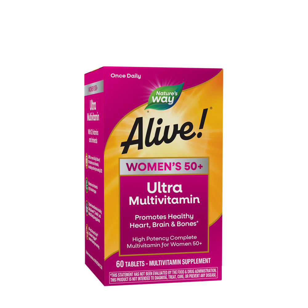 Nature's Way Alive! Women's 50+ Ultra Multivitamin box promoting heart, brain, and bone health for women over 50.