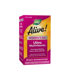 Nature's Way Alive! Women's 50+ Ultra Multivitamin box promoting heart, brain, and bone health for women over 50.