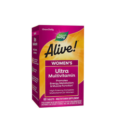 Nature's Way Alive! Women's Ultra Multivitamin box, 60 tablets, supports energy metabolism and muscle function.