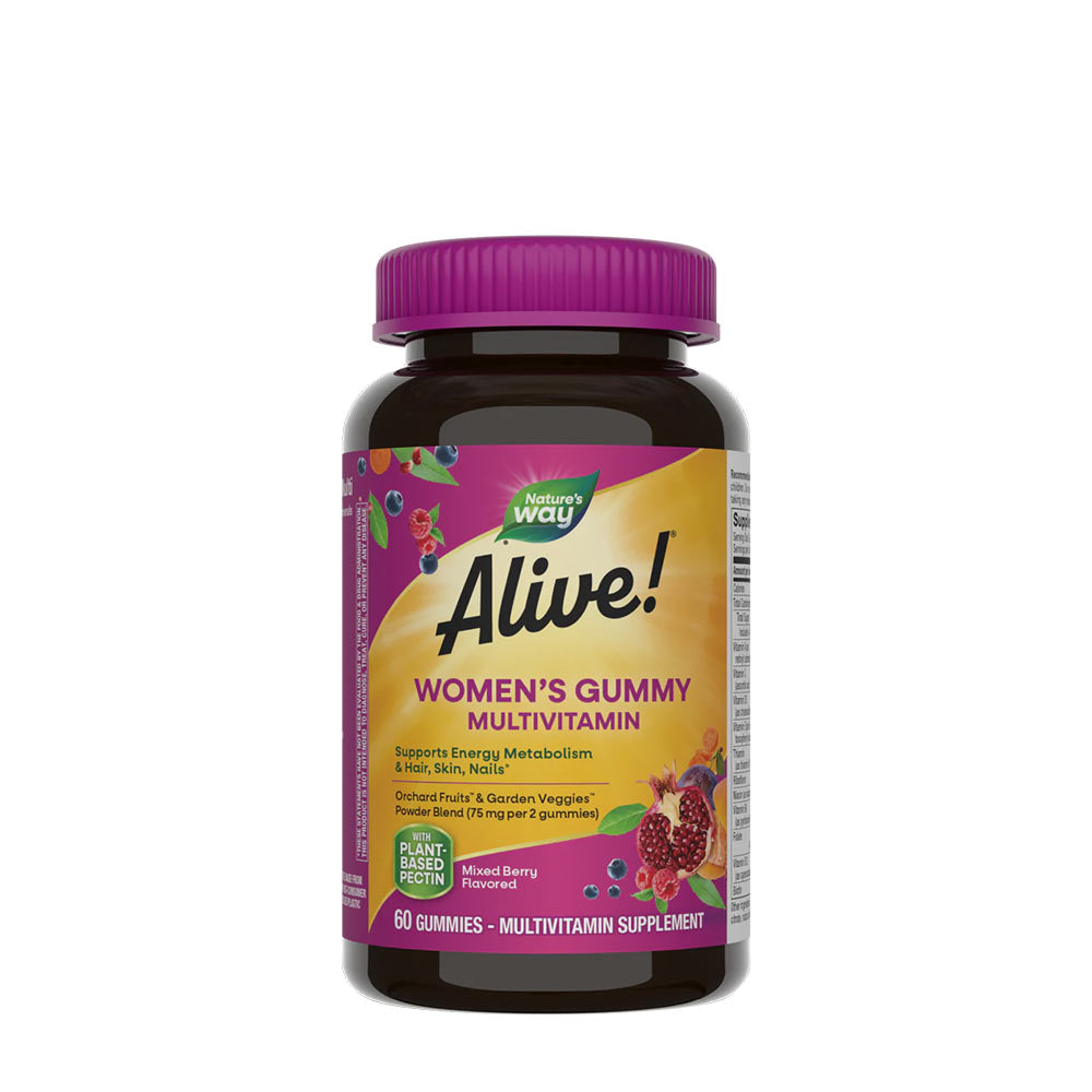 Nature's Way Alive! Women's Gummy Multivitamin bottle with mixed berry flavor, 60 gummies, energizing health support.