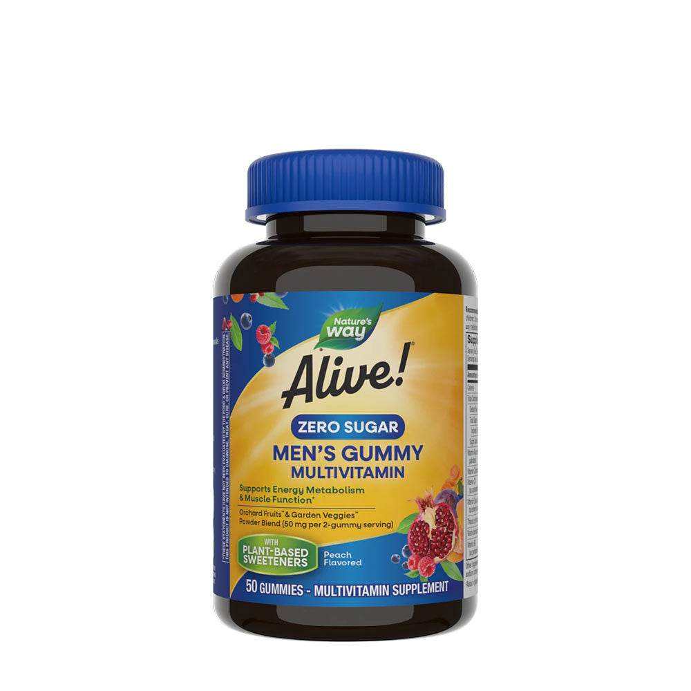 Nature's Way Alive! Zero Sugar Men's Gummy Multivitamin bottle, 50 gummies, supports energy metabolism.