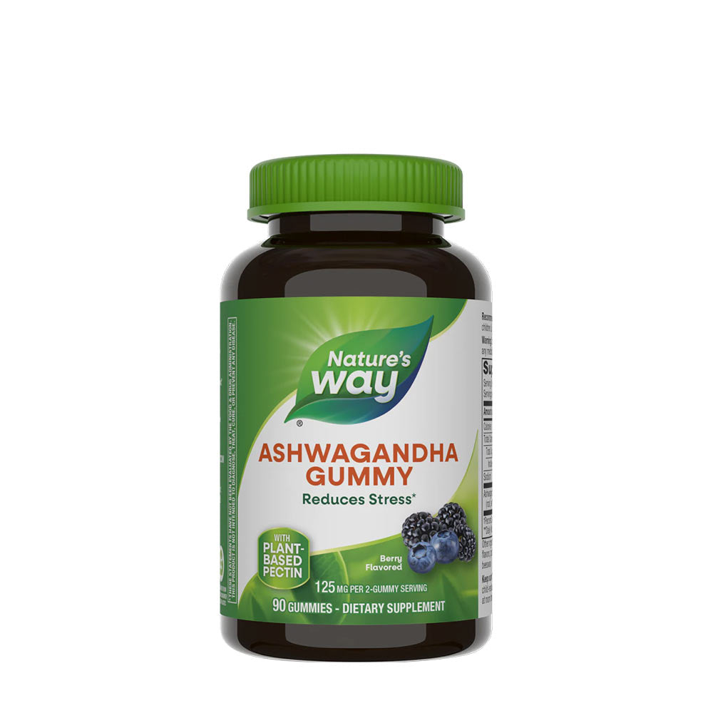 Nature's Way Ashwagandha Gummies bottle, berry flavored, 90 count, reduces daily stress with Sensoril®.