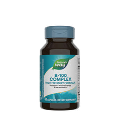 Nature's Way B-100 Complex dietary supplement bottle, supports cellular energy and nerve health.