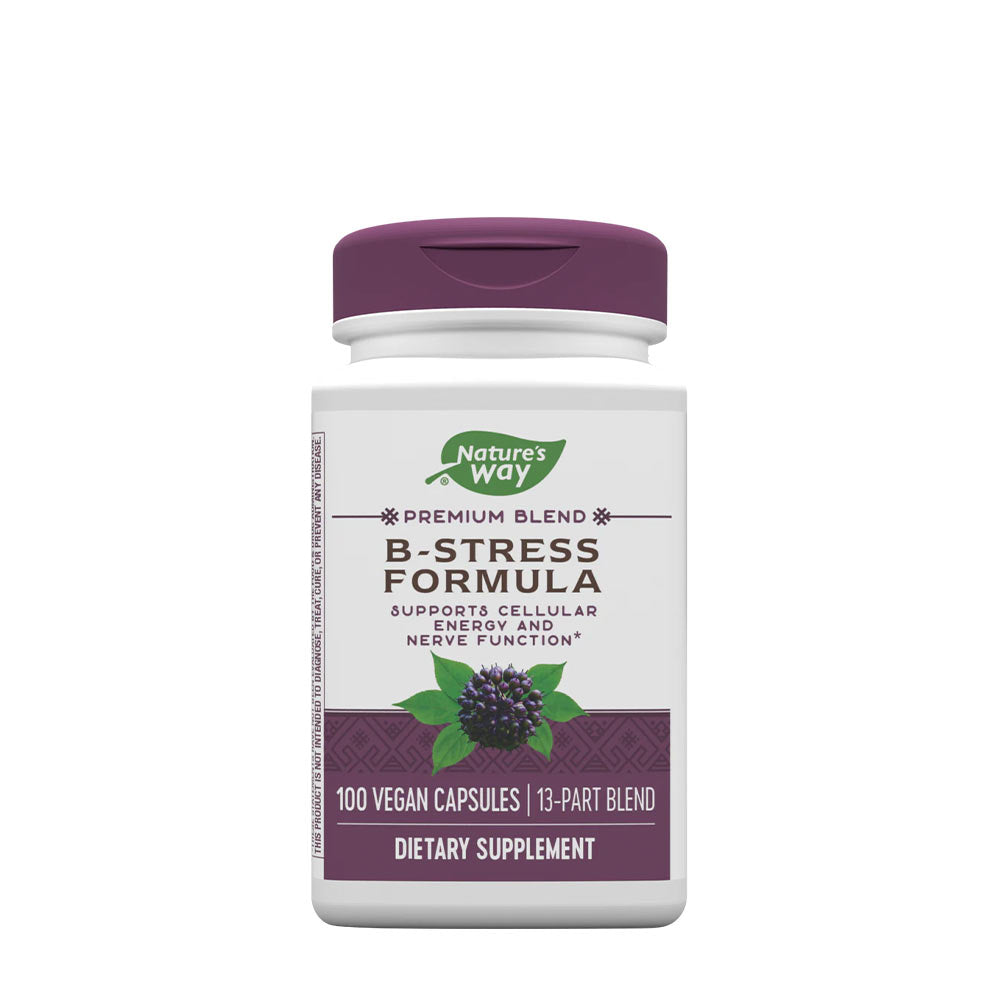 Nature's Way B-Stress Formula dietary supplement bottle with 100 vegan capsules for cellular energy and nerve support.