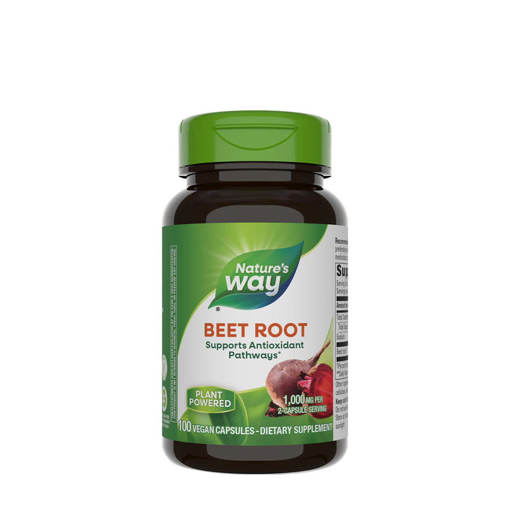 Nature's Way Beet Root capsules, 100 vegan supplements supporting antioxidant pathways.