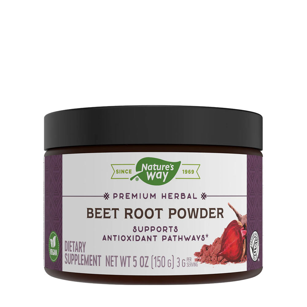 Nature's Way Beet Root Powder supplement jar supports antioxidant pathways and promotes heart health.