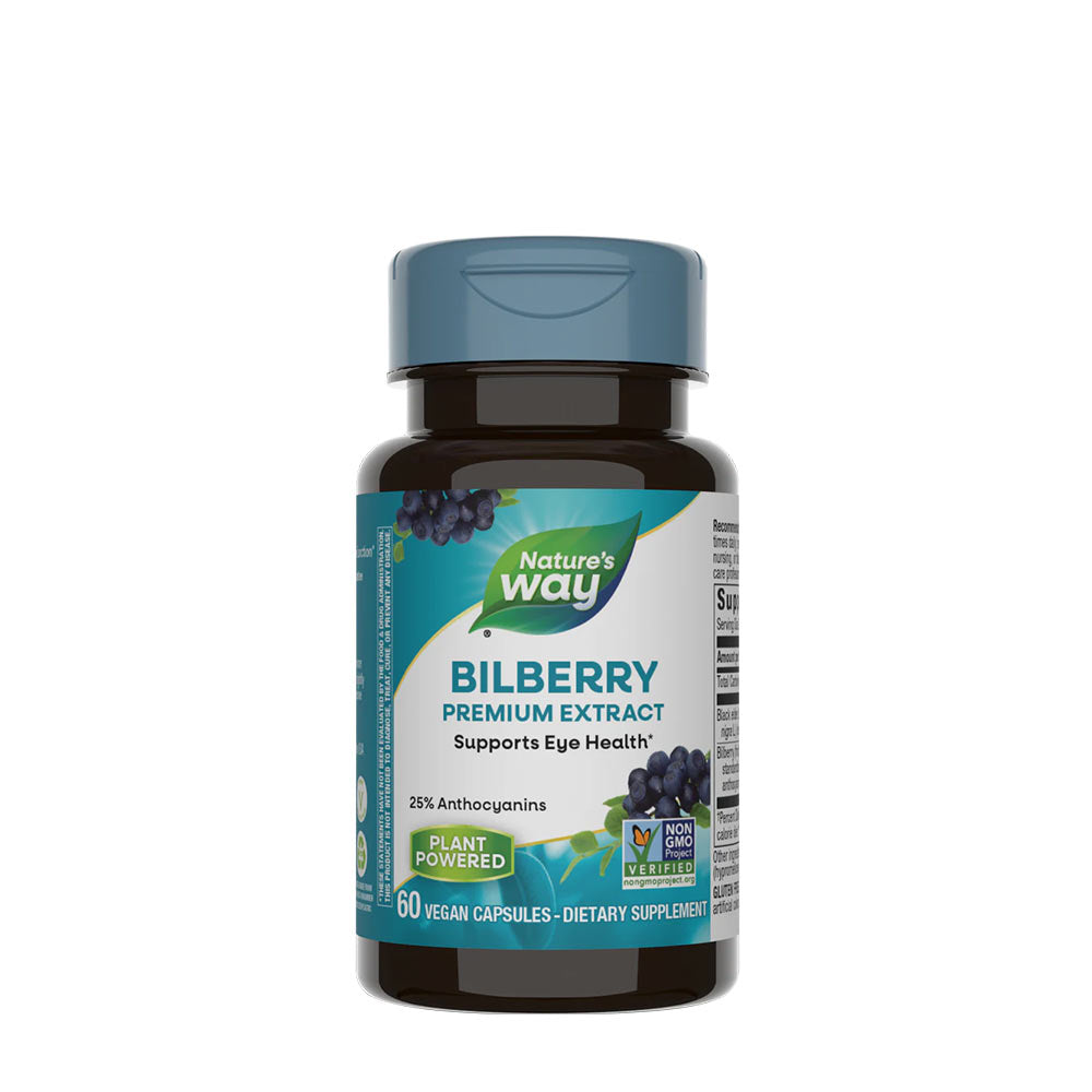 Nature's Way Bilberry supplement bottle, supports eye health with anthocyanins, 60 vegan capsules