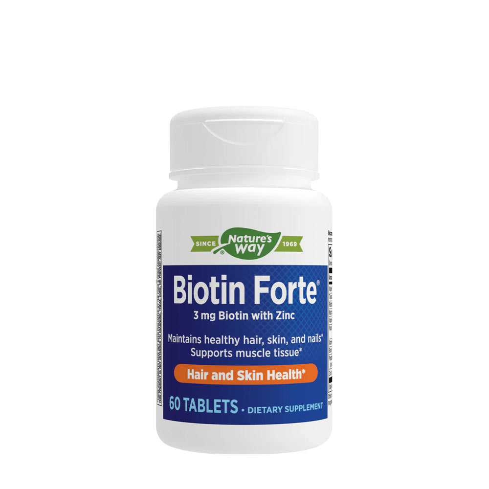 Nature's Way Biotin Forte® bottle, dietary supplement for hair and skin health with zinc, 60 tablets.