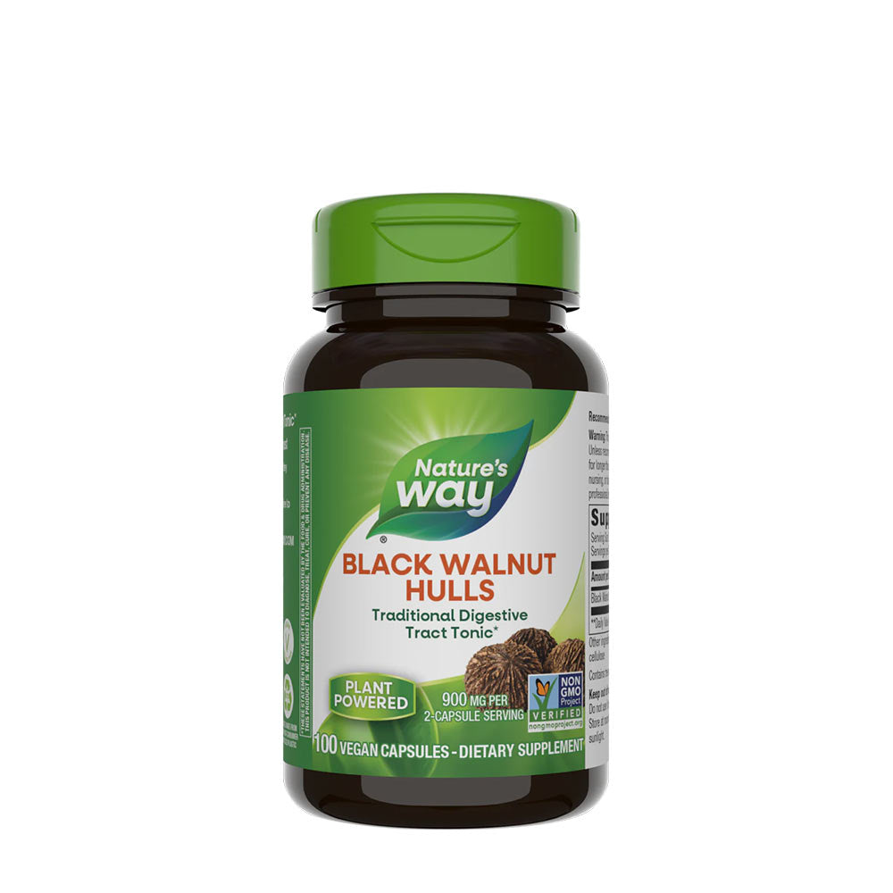 Nature's Way Black Walnut Hulls dietary supplement bottle for immune support and digestive health, 100 vegan capsules.