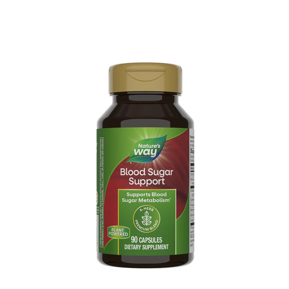 Nature's Way Blood Sugar Manager bottle, 90 plant-based capsules for blood sugar support.