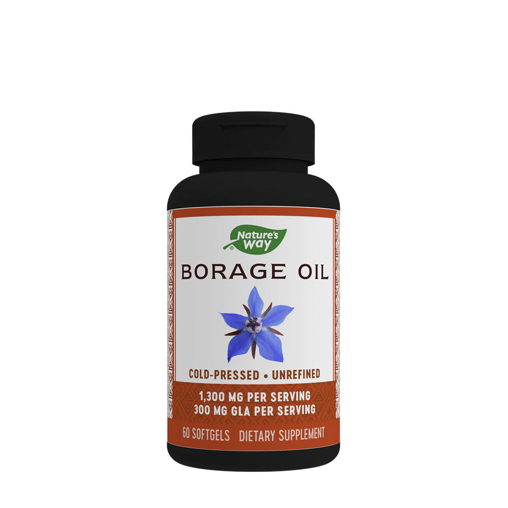 Nature's Way Borage Oil dietary supplement, cold-pressed, unrefined, 60 softgels, high in gamma-linolenic acid (GLA).