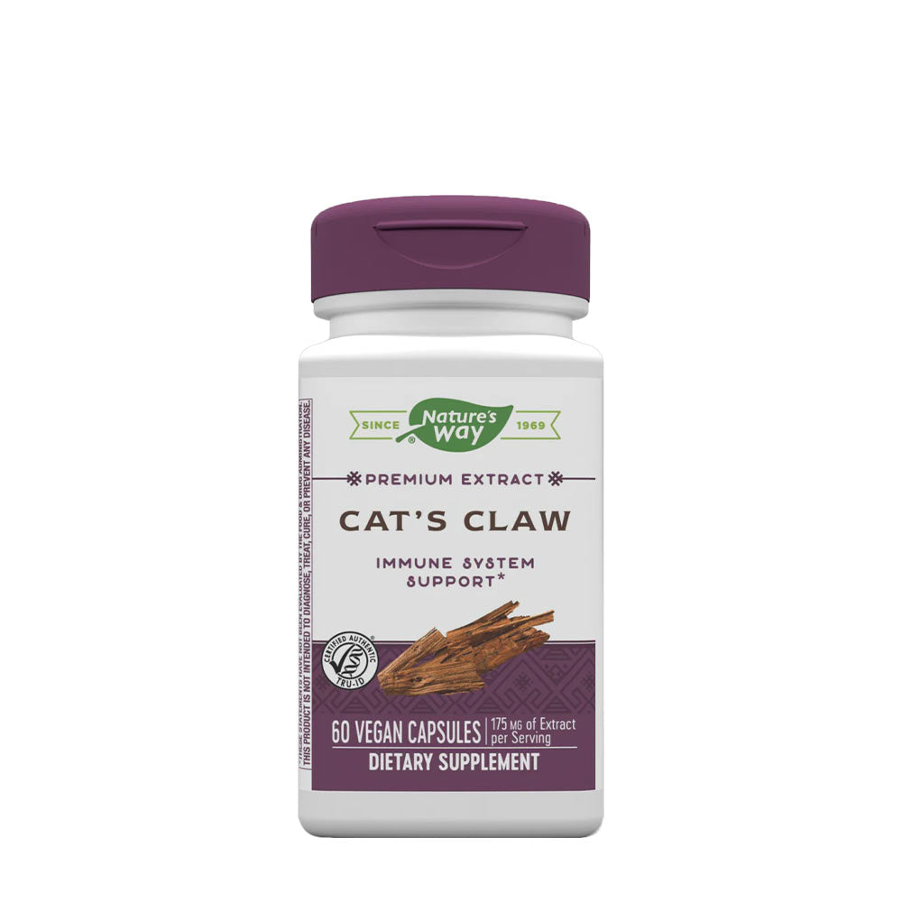 Nature's Way Cat's Claw Premium Extract for immune system support, 60 vegan capsules in a white bottle.