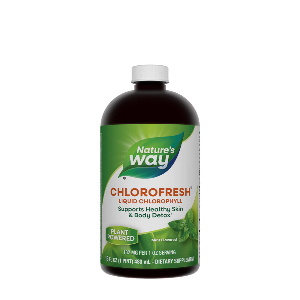 Nature's Way Chlorofresh liquid chlorophyll supports healthy skin and detox, mint flavored dietary supplement.