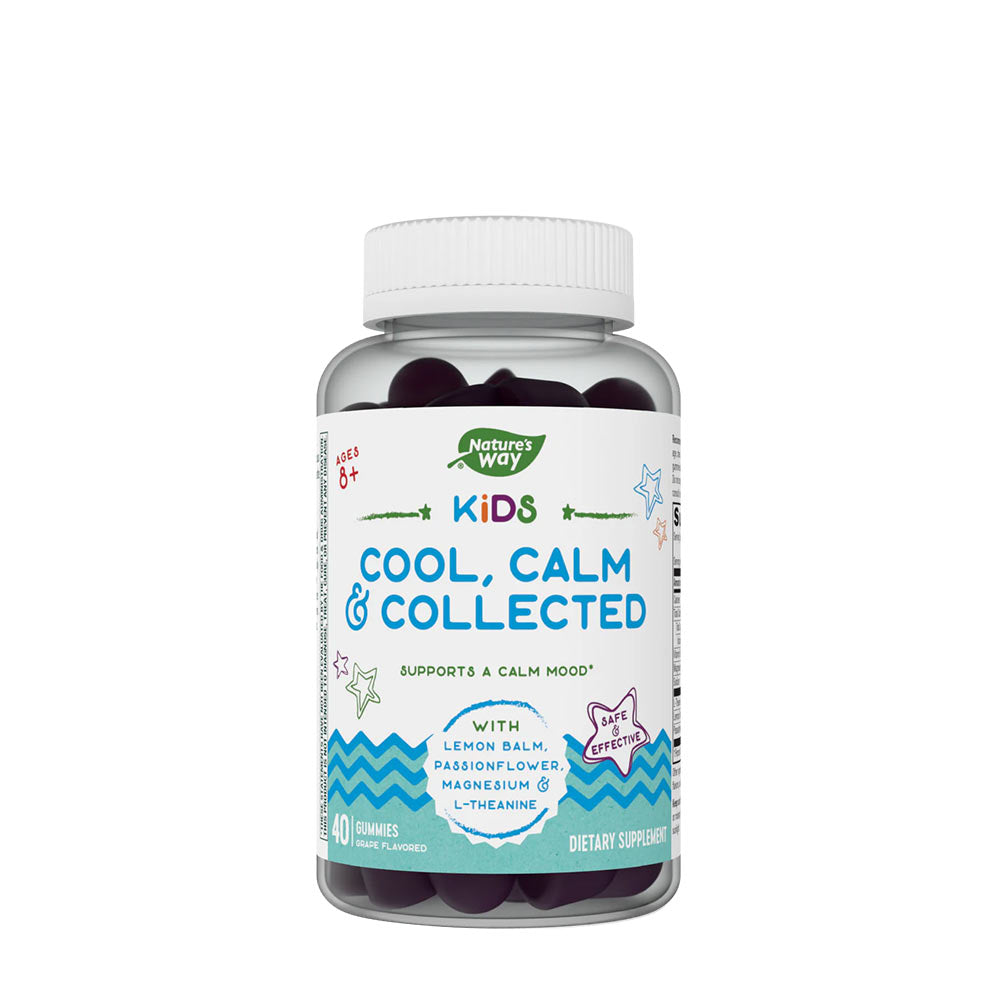 Nature's Way Kids Cool, Calm & Collected gummies for relaxation, featuring lemon balm and passionflower.