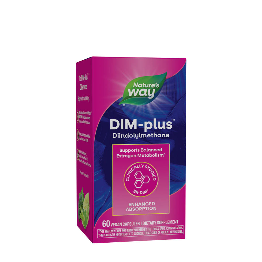 Nature's Way DIM-Plus dietary supplement package supporting balanced estrogen metabolism with enhanced absorption.