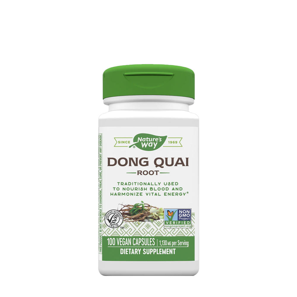 Nature's Way Dong Quai Root supplement bottle, 100 vegan capsules, supports blood circulation and women's health.