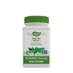Nature's Way Fo-Ti Root dietary supplement bottle, 100 vegan capsules for healthy aging and hair vitality.