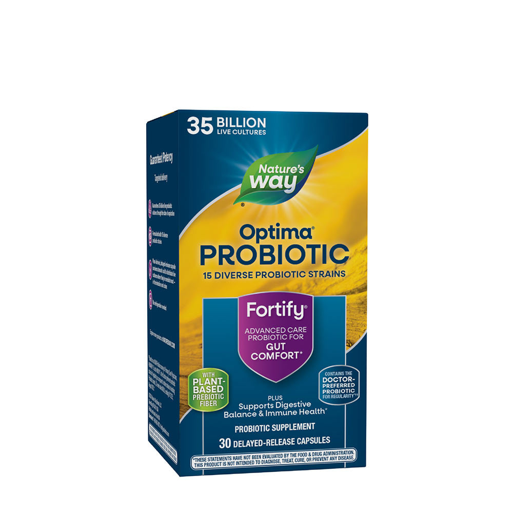 Nature's Way Fortify Optima Probiotic packaging showcasing 35 billion live cultures for digestive health.