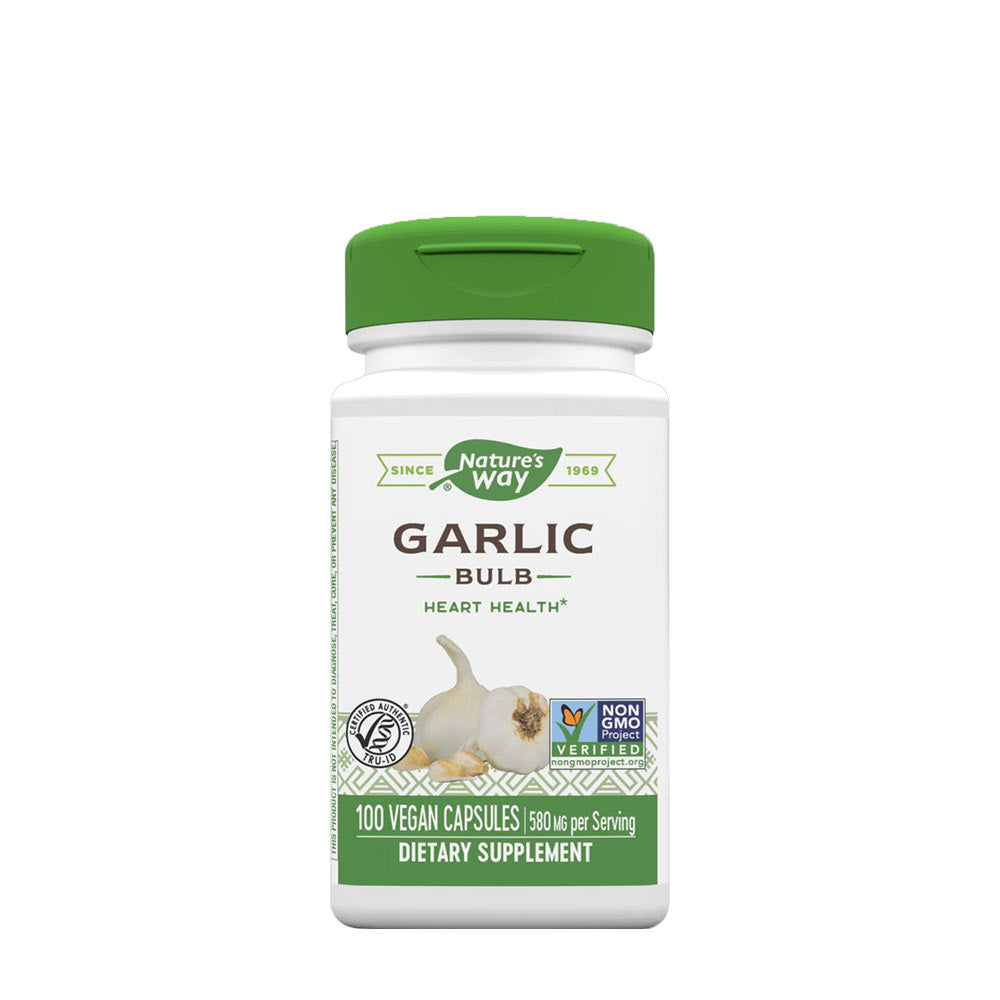 Nature's Way Garlic supplement bottle for heart health, 100 vegan capsules, 580 mg serving.