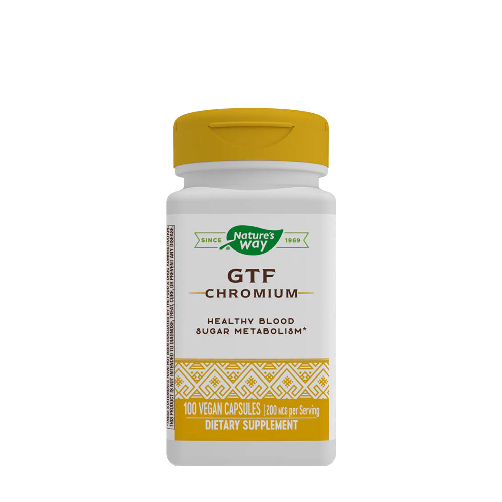Nature's Way GTF Chromium dietary supplement bottle for healthy blood sugar metabolism.